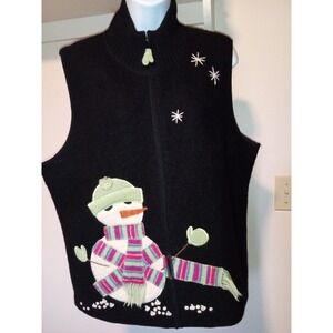 Black Snowman Christmas Vest Coldwater Creek Boiled Wool Sweater Womens XL‎ Zip